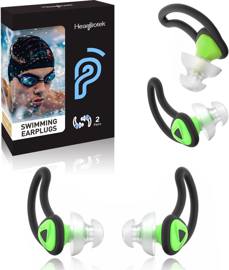 Hearprotek Ear Plugs for Swimmingâ€“2 Pairs Soft Silicone Reusable Waterproof Earplugs for Adults & Men Women, Custom Fit for Swimmers Ear, Pool, Beach, Snorkeling, Surfing, Kickboard Training(Green) - Image 1